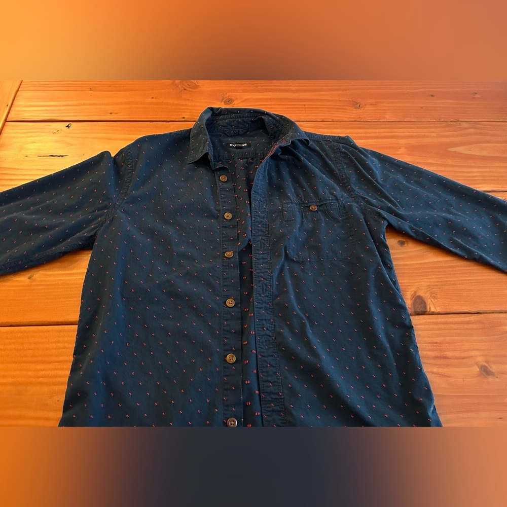 Express Blue Red Dot Button up long sleeve shirt
